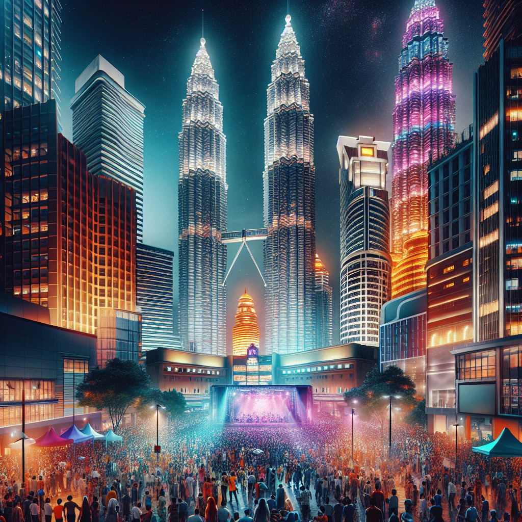 A vibrant night scene of Kuala Lumpur, showcasing bustling streets, illuminated skyscrapers, and a lively crowd enjoying an outdoor music concert under colorful lights.