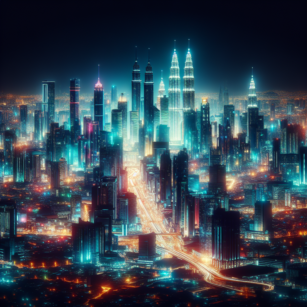 An elegant skyline view of Kuala Lumpur at night, showcasing vibrant lights and bustling streets.