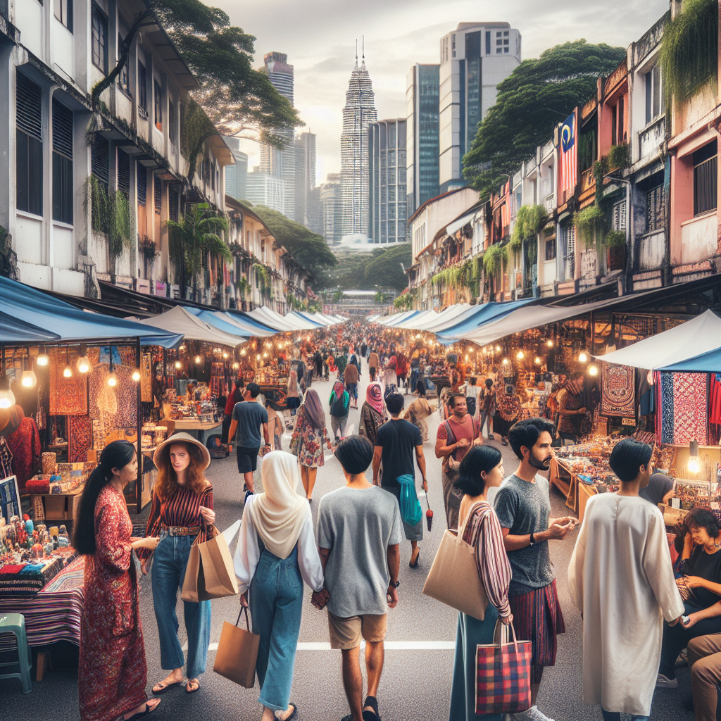 Gatebilde fra Kuala Lumpur sentrum med et fargerikt marked, små boutique-butikker med håndverk, mennesker som handler med gjenbrukbare poser, grønt bymiljø og moderne skyline i bakgrunnen