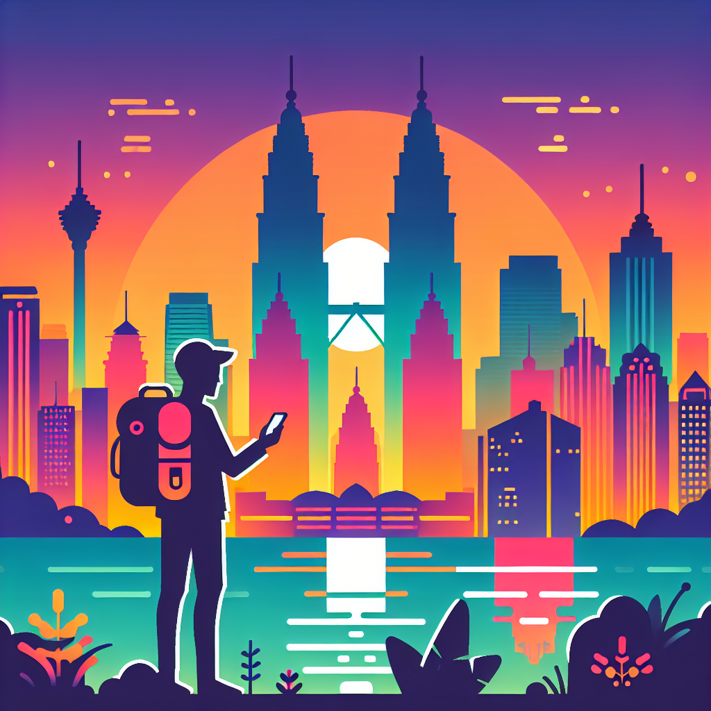 Fargerik bysilhuett av Kuala Lumpur med Petronas Twin Towers i solnedgang, reisende med ryggsekk og mobil, moderne og innbydende stil