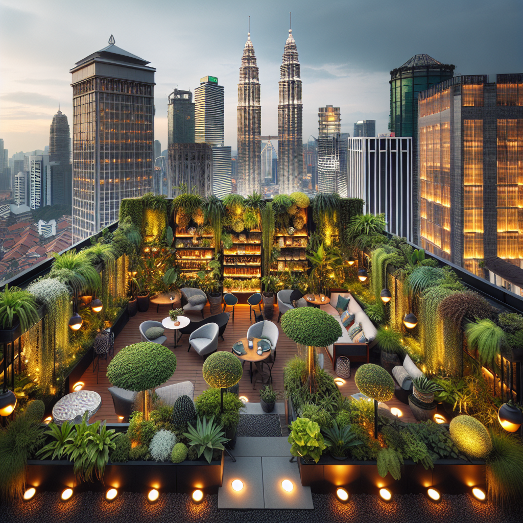 Fotografi av et stilig boutique-hotell i Kuala Lumpur sentrum: grønn takhage, moderne lokal design, varm belysning, byskråninger med Petronas-tårn i bakgrunnen, innbydende atmosfære