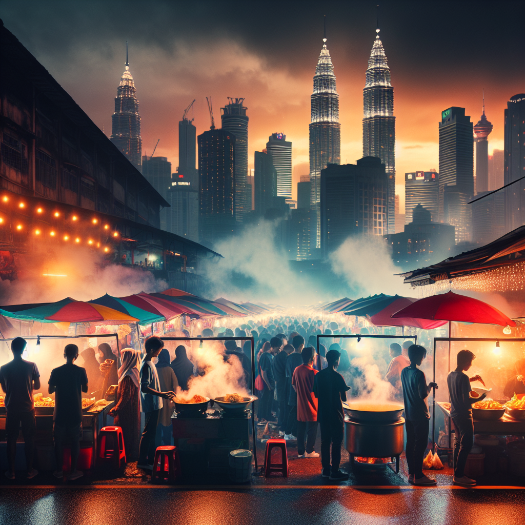 Fargerikt nattmarked i Kuala Lumpur med matboder, damp fra gryter, folk i kø, varm belysning og bysilhuett i bakgrunnen