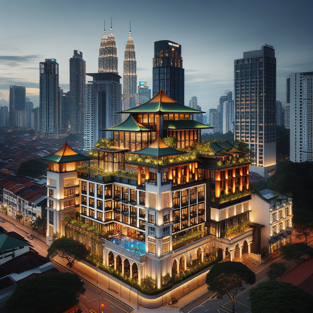 Moderne boutique-hotell i Kuala Lumpur sentrum ved skumring, varm belysning, grønt tak, mix av tradisjonell malaysisk stil og moderne arkitektur, urbant bakteppe med Petronas-tårn i det fjerne