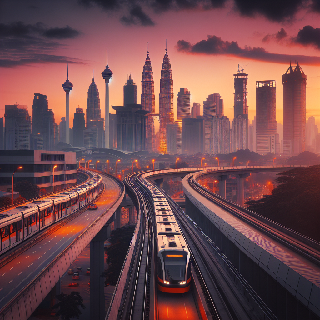 Bilde av moderne Kuala Lumpur transport: KL bybane, monorail og bysilhuett ved skumring, travel men ryddig scene, varme farger