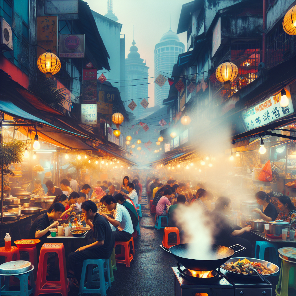 Fargerik gate i Kuala Lumpur om kvelden med matboder, dampende wokpanner, lokale spisere ved små bord og myke lys fra lanterner