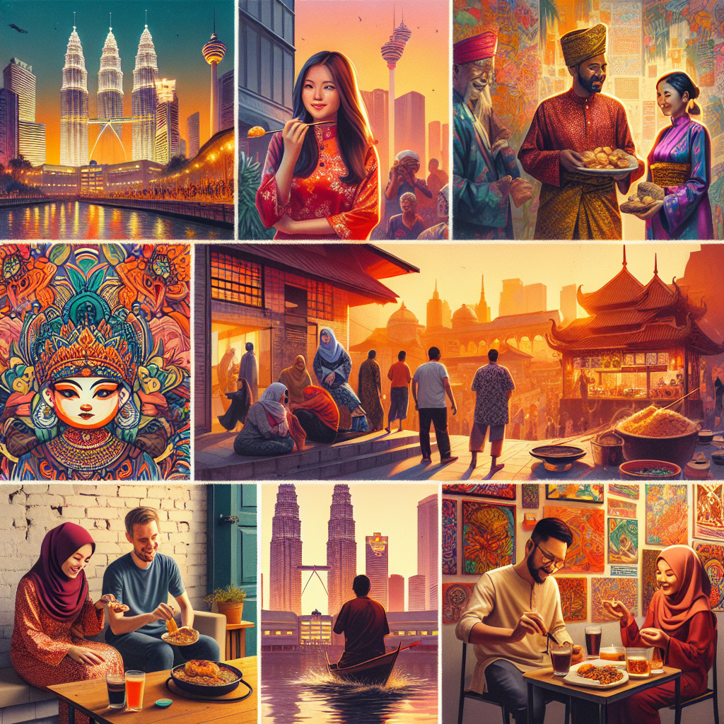 Fargerik collage av Kuala Lumpurs kultur: gatekunst, tradisjonell mat, et lite galleriinteriør og mennesker i ulike festivaldrakter, varmt lys, urban atmosfære