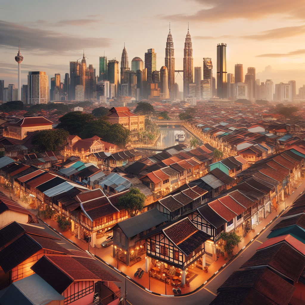 Oversiktsbilde av Kuala Lumpur som kombinerer historiske trehus og moderne skyline i myk gyllen kveldssol, fokus på arkitektur og kulturelt nabolag