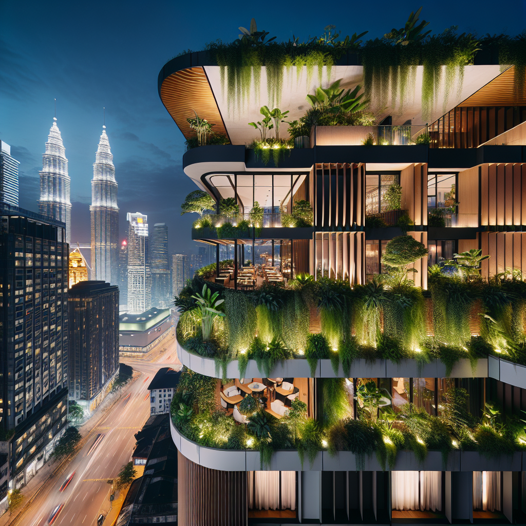 Moderne boutiquehotell i Kuala Lumpurs bykjerne om kvelden, grønne planter, ansvarlig design, urban skyline i bakgrunnen