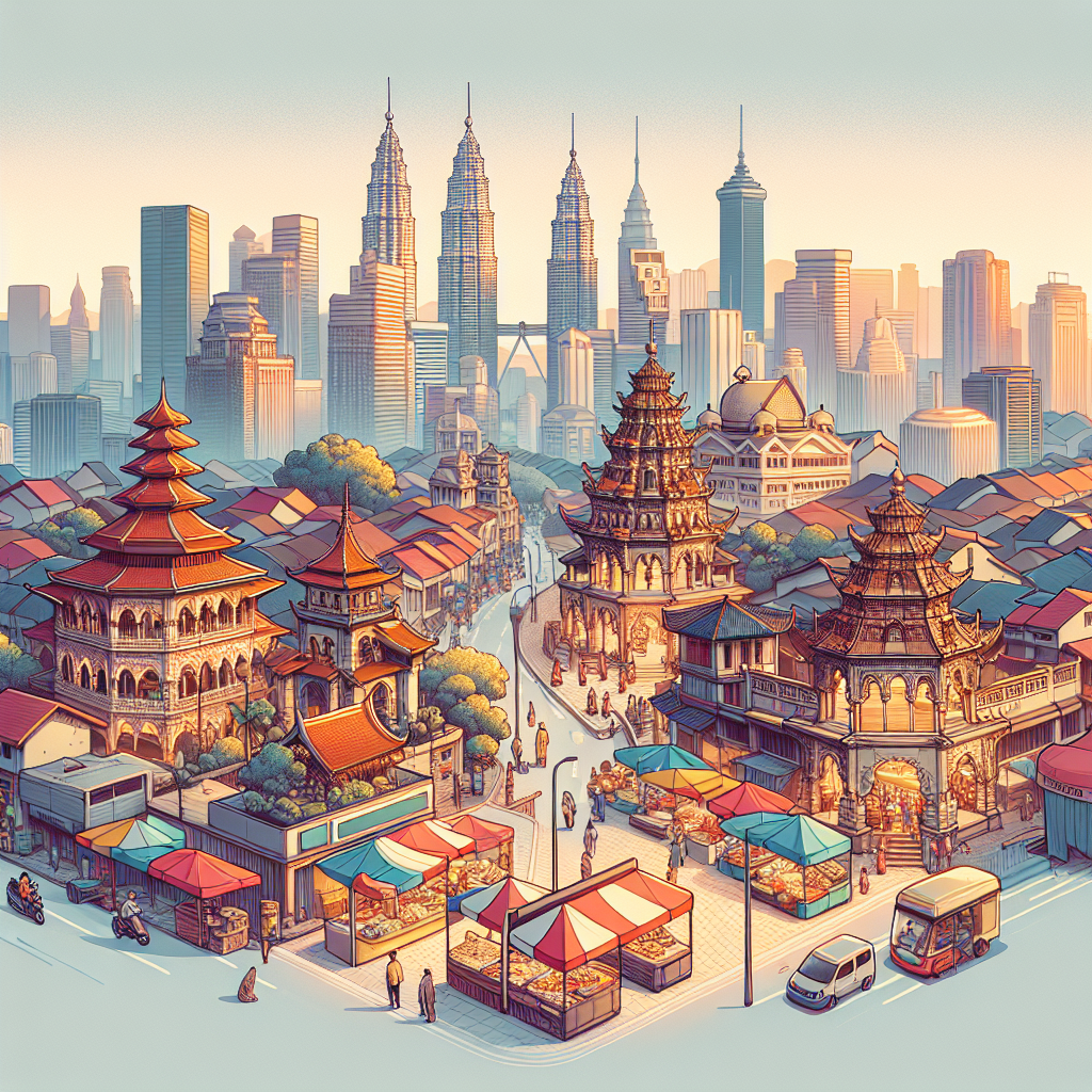 Oversiktsbilde av Kuala Lumpur med historiske nabolag i forgrunnen, kunstneriske detaljer, myk naturlig lys, varme farger og kulturelle elementer som matboder og templer