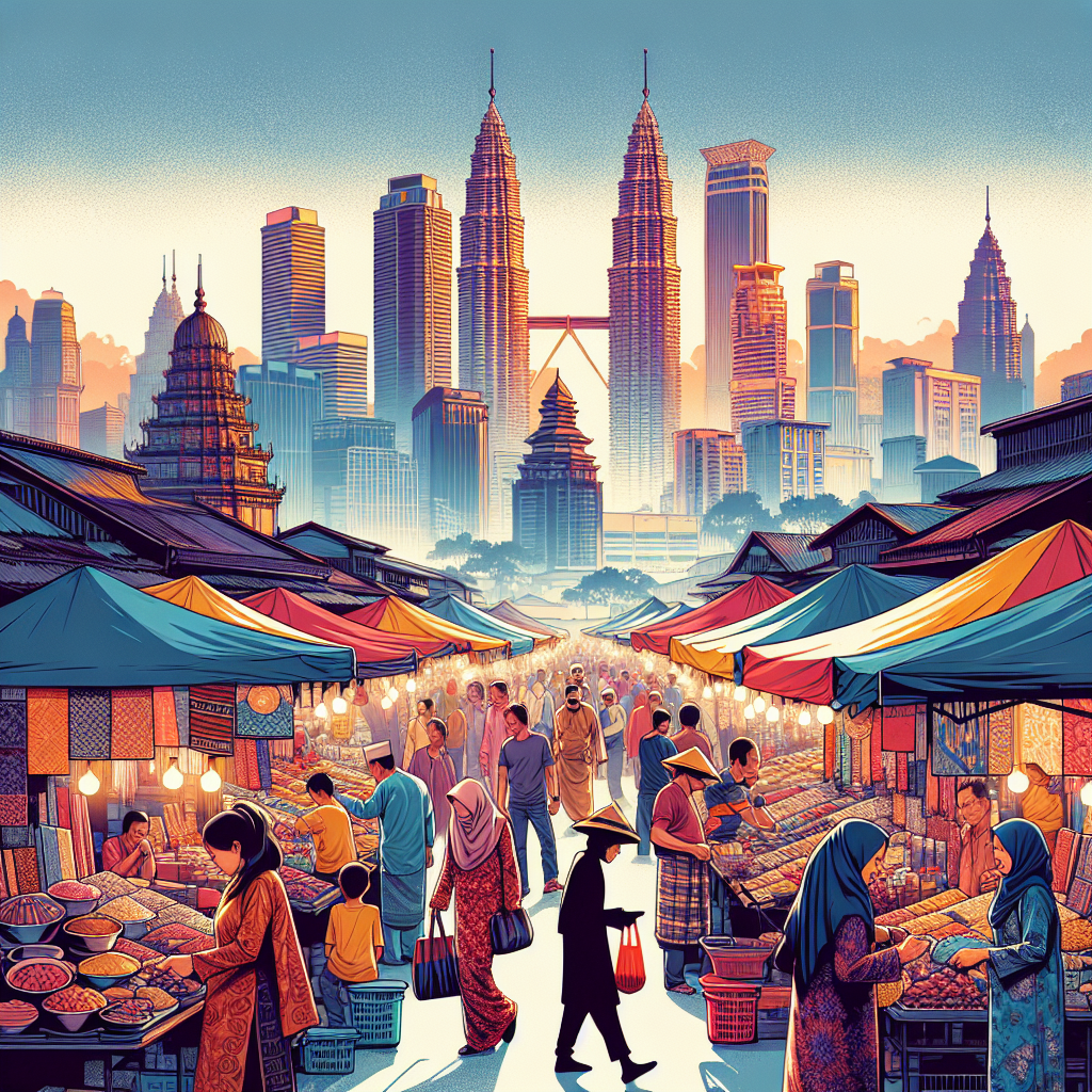 Fargerikt malaysisk marked med boder, lokale håndverkere som selger tekstiler og trearbeid, kunder med gjenbruksposer, moderne Kuala Lumpur-silhuett i bakgrunnen