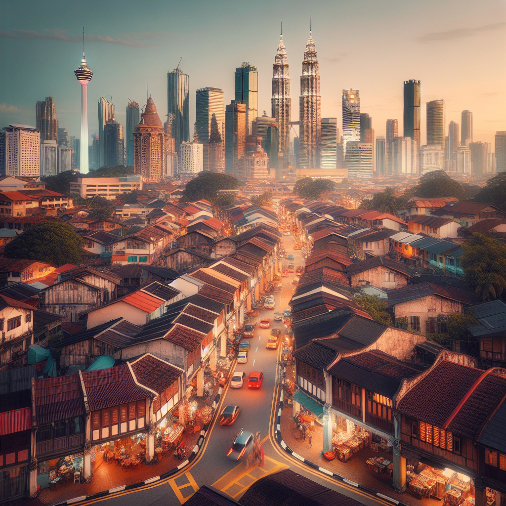 Oversiktsbilde av Kuala Lumpur som kombinerer historiske trehus i et nabolag med moderne skyline i bakgrunnen, myk varm belysning, autentisk gateaktivitet, foto-stil